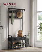 VASAGLE Hall Tree with Bench and Shoe Storage, Entryway Coat Rack with Shoe Bench, 2 Fabric Drawers, 10 Hooks, 11.8 x 31.7 x 71.5 Inches, Stone Gray and Ink Black UHSR429B04 - color: Stone Gray + Ink Black