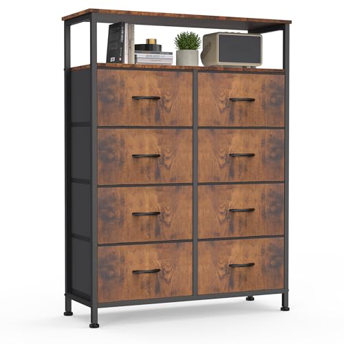 DUMOS Fabric Dresser for Bedroom with 8 Drawers, Tall 8-Drawer Chest of Drawers with Raised Shelf, Storage Tower with Fabric Bins for Closet Organization, Hallway Storage, Brown - color: Brown, size: 31.5"D x 45.9"W x 11.8"H (8 Drawers)