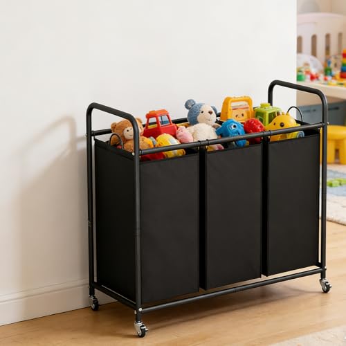 LINZINAR 3-Bag Laundry Basket, Black Laundry Hamper, 35.6 Gal(135 L) Laundry Sorter Cart Laundry Room Organization with Heavy Duty Rolling Lockable Wheels and Removable Bags - size: 3 Bags Black