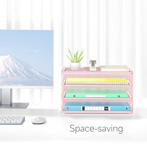 Lavatino 3-Tier Letter Tray Desk Paper Organizer – Pink Mesh Metal File Tray Organizer for Desk, Office Supplies & Home Organization | Fits A4/Letter Paper, Mail, Magazines and Office Accessories - color: 4-tier No Handle - Pink