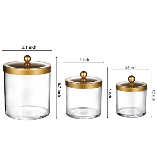 SheeChung 3-Pack Plastic Apothecary Jars with Gold Metal Lids - Large 50oz, 25oz & 15oz Clear Acrylic Storage Set - Shatterproof Modern Luxury Vanity & Home Organizer - Glam Decor - color: Gold, size: 50 oz & 25 oz & 15 oz