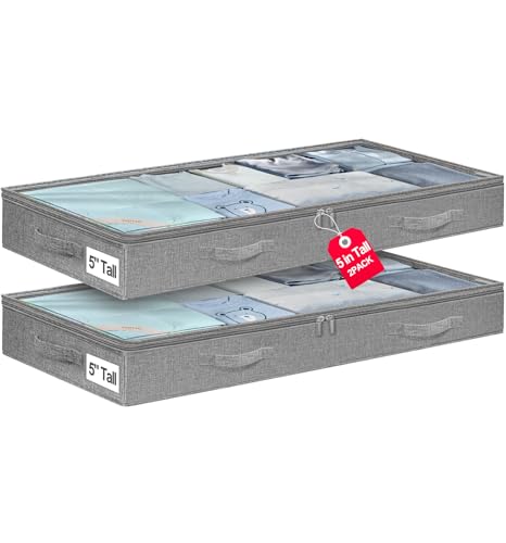 punemi 5 Inches High Low Profile Under Bed Storage Containers，No-Structure,Soft Fabric Zippered Underbed Storage bins for Clothes and Blankets— Fits Under Crib, Couch or Dorm bed,2-Pack,Grey - color: Grey-soft-2pack, size: 5 inch