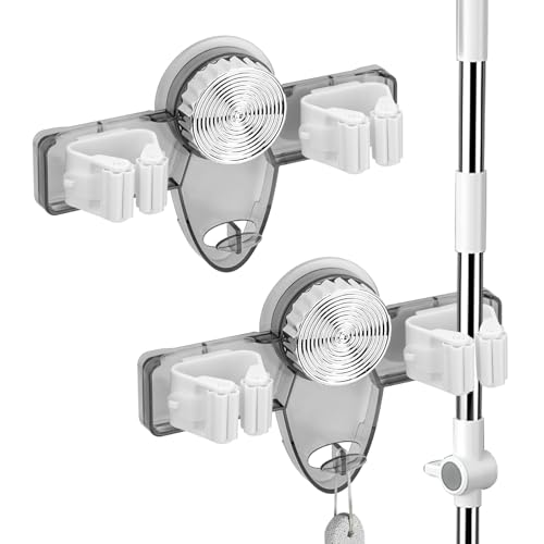 LELE LIFE 2 Pack Broom Holder Mop Hanger - Strong Suction Cup - No Drill Removable Broom Organizer Rack Wall Mount with Hooks for Bathroom Kitchen Garage, Clear Grey - color: Clear Grey