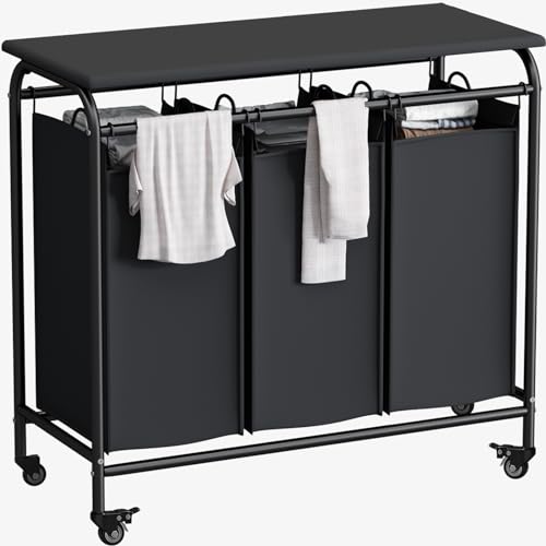 LINZINAR 3 Bag Laundry Basket Sorter Heavy Duty Rolling Lockable Wheels Laundry Hamper Cart with Ironing Board and Removable Bags, Black - size: 3 Bags Black with Board