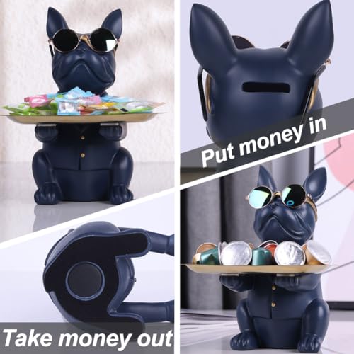 QIANLING Modern Decor Resin Navy Blue Bulldog Statue Tray - Storage Key Holder, Candy, Jewelry, Earrings - Suitable for Home, Dining Table, Office - Modern Art Small Object Tray - color: Navy Blue