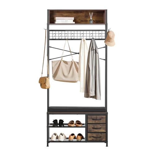 VEVOR Hall Tree with Bench and Shoe Storage, Entryway Bench with Coat Rack, 3 Drawers, 3 Storage Cubbies, 7 Hooks with Soft Cushion for Entryway, Hallway - size: 70.9" * 31.5"