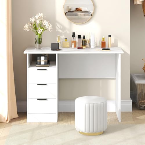 Giantex White Desk with Drawers, Modern Computer Desk with Charging Station, PC Laptop Table Computer Workstation with Storage, Makeup Vanity Table, Writing Desk for Bedroom
