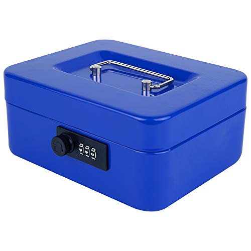 KYODOLED Cash Box with Combination Lock,Safe Metal Box for Money,Storage Lock Box with Money Tray,7.87"x 6.30"x 3.54" Blue Medium - color: Blue, size: Medium