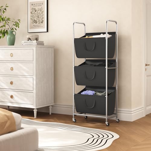 ELYKEN 120L Vertical Rolling Laundry Hamper with Removable Bags, 3 Section Laundry Baskets with Wheels, Space-Saving 3 Tier Laundry Sorter for Small Spaces, Dorm, Bedroom, Bathroom, Laundry Room - color: Black