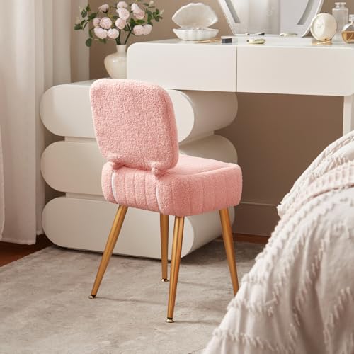 Updated Vanity Chair, Storage Ottoman with Folding Back & Gold-Toned Metal Legs, Ottoman Seat with Teddy Velvet for Dressing Room Living Room Bedroom, 15" x 12" Inch - color: Pink, size: 15" x 12"