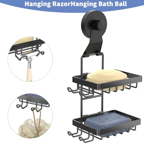 Moforoco Soap Bar Holder for Shower, No Drilling, 304 Stainless Steel, Wall Mounted Soap Holder with 4 Hooks and Razor Holder, Shower Rack Soap Tray Bar Soap for Bathroom (Black, 2-T Suction Cup) - color: Black, size: 2-T Suction Cup