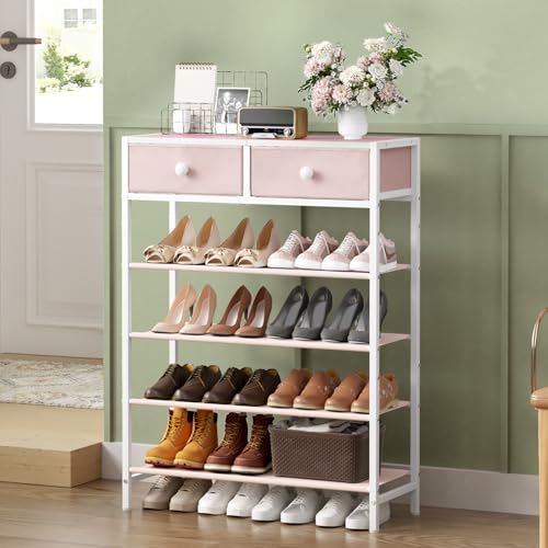 Shoe Rack, 5 Tier Shoe Organizer with 2 Drawers, Metal Shoe Storage for 16-20 Pairs of Shoes with Fabric Shelves and Wooden Top, Narrow Shoe Shelf for Closet Entryway Pink - color: Pink, size: 5 Tier(27.6 × 10.8 × 37.8)