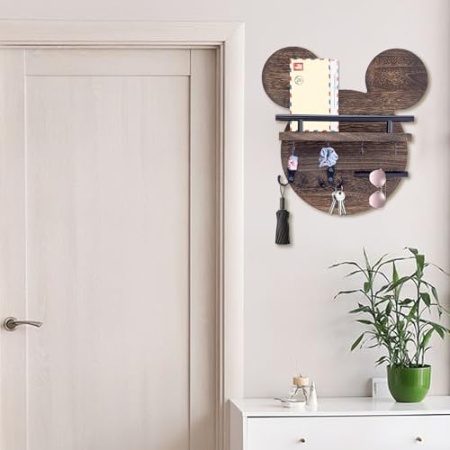 AIRPOP Key Holder for Wall–Mouse Wooden Mail Organizer Wall Mount with Shelf and 6 Hooks, Easy Installation Key Rack Hanger for Entryway Living Room Home Decor (Brown) - color: Brown