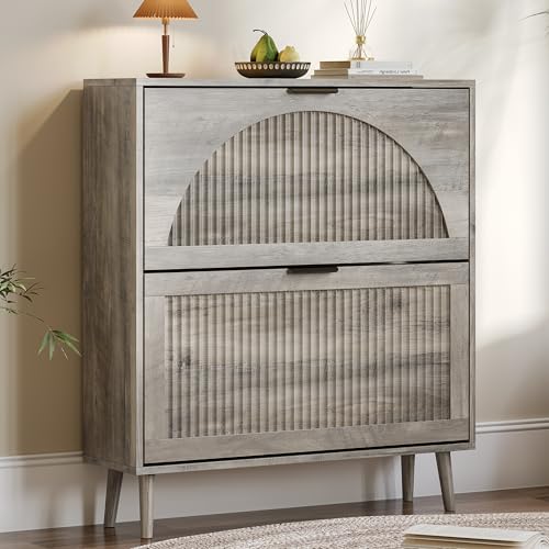 BORNOON Shoe Cabinet for Entryway with 2 Flip Drawers, Slim Wooden Shoe Storage Organizer with Modern Fluted Pannel，Freestanding Narrow Hidden Shoe Rack for Hallway, Foyer, Living Room - color: Grey, size: 2 Flip Drawers