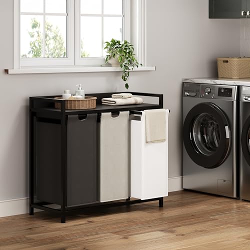 Herture Laundry Hampers with Shelf, Laundry Basket 3 Section, Laundry Sorter with Pull-Out Removable Large 3 Color Bags and Movable Wheels, Metal Frame, 3 x 15.87 Gallons (60L), Black PF04XLK - color: Black + 3-Color, size: 3 Bags-180 L