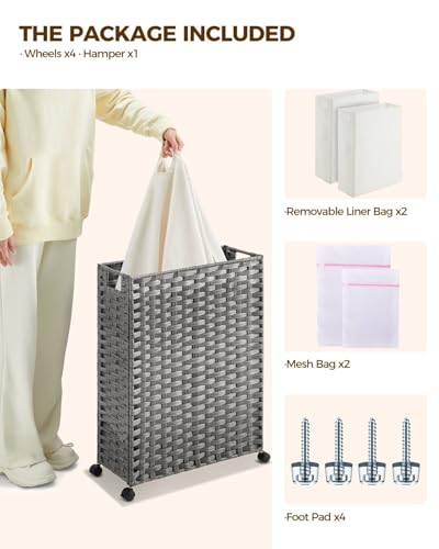 Greenstell Laundry Hamper with Wheels, 17.4 Gallon (66L) Slim Laundry Basket with 2 Removable Liner Bags & 2 Mesh Bags, Narrow Rattan Clothes Hamper for Bedroom, Laundry Room, Bathroom, Grey - color: Grey, size: 66L (19.7 x 7.9 x 27.6 inches)