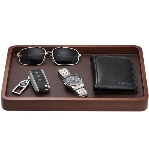 ProCase Wooden Valet Tray for Men, Wood Catch-All EDC Organizer, Nightstand, Entryway Bedside Dump Holder, for Wallets, Keys, Watches, Phones, Loose Change, Trinkets -DarkBrown - color: Dark Brown
