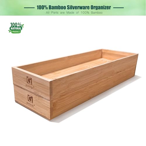 guiogc Bamboo Drawer Organizer, Utensil Organizer for Kitchen, Bamboo Storage Box Wood Silverware Tray for Drawer Set of 2 - size: 11.8" x 4" x 1.35"