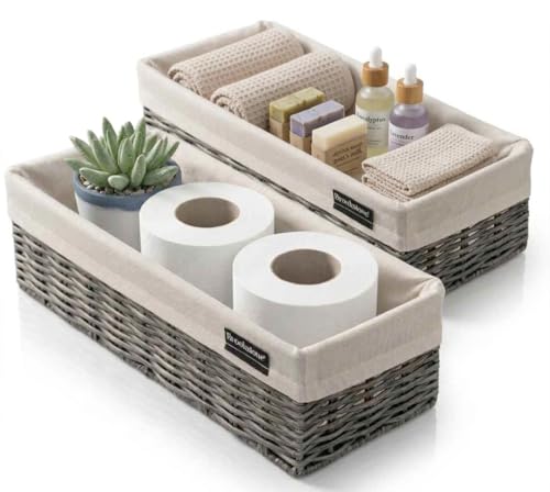 Brookstone Wicker Storage Basket Two Pack Set, Bathroom and Closet Organizers and Storage Bins with Fabric Liner, Grey - color: Grey w/ Liner (2 Pack)