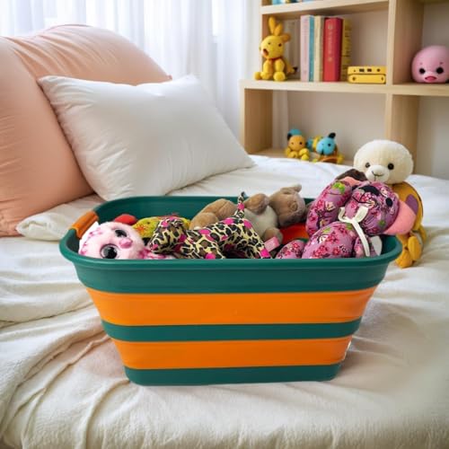 SAMMART Collapsible Plastic Laundry Basket with Handle/Foldable Pop Up Storage Hamper/Portable Laundry Organizer-Space Saving Washing Tub/Household Storage (Teal Green/Autumn leaf, 27L) - color: Teal Green/Autumn leaf, size: 27L
