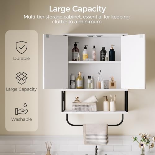 MAHANCRIS Bathroom Wall Cabinet with 2 Door and Adjustable Shelf, Farmhouse Medicine Cabinet with Towel Rack, 3-Tier Wall Mounted Storage Cabinet Over The Toilet for Bathroom, 18.9" L, White - color: White, size: 18.9"L x 7.9"W x 26.1"H