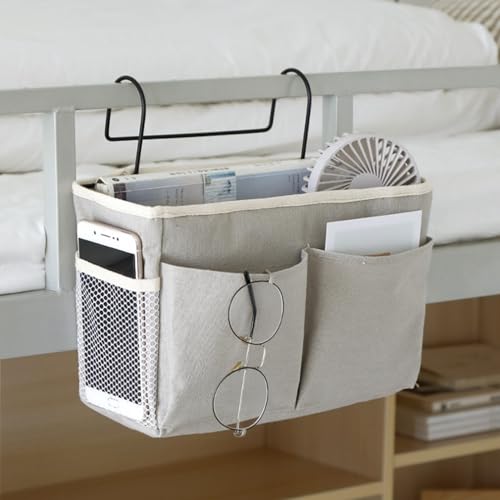 Bedside Caddy Organizer Hanging Storage Basket with Large Pockets & Hooks, Heavy-Duty Canvas Bedside Organizer for Bunk Beds, Dorm Rooms, Hospital Beds & Small Spaces (Beige) - color: Beige