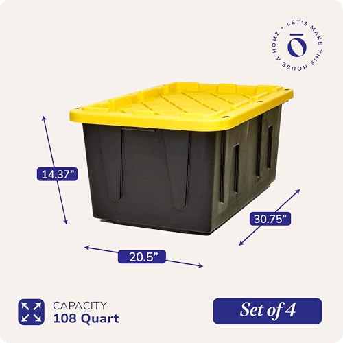 HOMZ 4-Pack Durabilt Tote, Heavy Duty Plastic Storage Bins with Lids, 27 Gallon, Black/Yellow - Stackable Organizing Containers for Home, Garage, and Shed - color: Black Base/Yellow Lid, size: 27 Gallon (Pack of 4)
