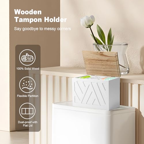 Tampon Holder for Bathroom, Feminine Product Organizer, Pad Organize Case with Lid, Shark Week Wooden Tampon Storage Decor, Lady Girl Stuff Box for Toilet Bathroom Accessories- White - color: White