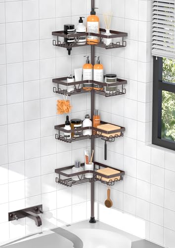 KEGII 4-Tier Corner Shower Caddy Tension Pole - Waterproof Shower Rod Organizer, Floor to Ceiling Tension Rod 25-114.2 inch, Stainless Steel Corner Shower Shelf, Bronze - style: Tension Caddy - Brown