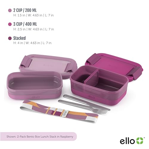 Ello 2-Pack Lunch Stack Plastic Food Storage Container Bento Box with Airtight, Leak-Proof Locking Plastic Lids and Silicone Base, BPA-Free, Freezer, Microwave, and Dishwasher Safe, Raspberry - color: Raspberry