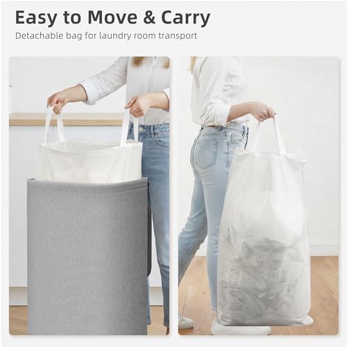 STORAGE MANIAC Metal Frame Laundry Hamper with Lid, 90L Tall Laundry Baskets with Removeable Bag, Large Clothes Hamper with PU Tag, Laundry Bin for Dorm, Collage, Bathroom, Bedroom, Gray - size: 1 Section