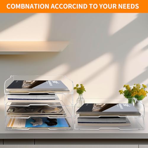 4 Pack- Stackable Paper Letter Tray,Clear Acrylic Magazine Holder and File Organizer - Sleek Desk Organizer for Home Office, Bookshelf, or Workspace - Space-Saving Transparent Document Holder - style: Stackable-4 Pack