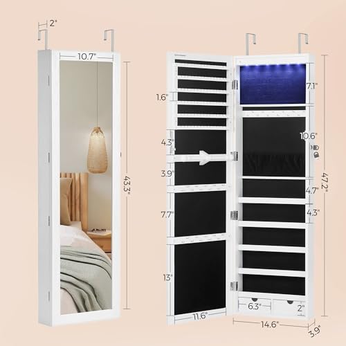 SONGMICS 6 LEDs Mirror Jewelry Cabinet, 47.2-Inch Tall Lockable Wall or Door Mounted Jewelry Armoire Organizer with Mirror, 2 Drawers, 3.9 x 14.6 x 47.2 Inches, White UJJC93W - color: White