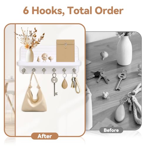 Key Holder for Wall, Mail Organizer Wall Mount with 6 Hooks Wooden Hanging Key Rack for Home Decor, Hallway, Entryway (White) - color: White