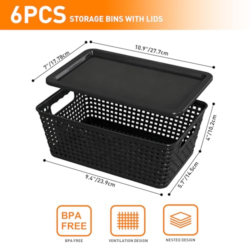Plastic Storage Baskets With Lid, Storage Bins for Organizing, Stackable Decorative Containers for Shelves Drawers Desktop Closet Playroom Classroom Office, 6 Pack-Black - color: Black, size: 6 Pack