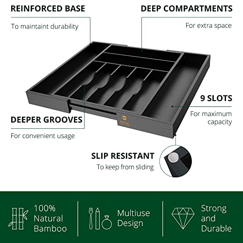 ROYAL CRAFT WOOD Luxury Bamboo Kitchen Drawer Organizer - Silverware Organizer - Utensil Holder and Cutlery Tray with Grooved Drawer Dividers for Flatware and Kitchen Utensils (9 Slot, Black) - color: Black, size: 9 Slot