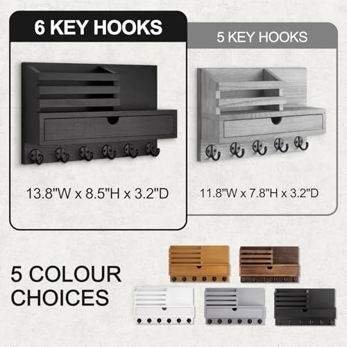 Key Holder Wall Mount, Mail Holder with Storage Drawer and 6 Key Hooks for Coat, Dog Leash, Home Decor Rack, House Accessories, Entry Way Organizer - color: Black, size: Large - 13.8 Inch