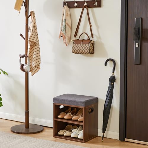 YMYNY Small Shoe Storage Bench with Cushion, 2 Tier Entryway Bench with Shoe Storage, Shoe Rack Bench for Entryway, Living Room, Hallway, Closet, Bedroom, 15.4L*11W*16.54H, Light Walnut HBD028LW - color: Light Walnut