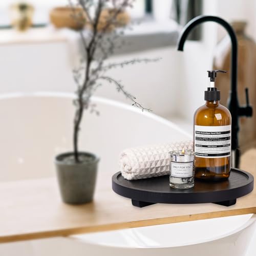 Round Decorative Tray Wood Bathroom Counter Organizer Farmhouse Kitchen Decor Wooden Riser for Soap Dish, Perfume, Candle, Sponge, 11" - Black - color: Black, size: 11"