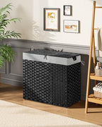 Greenstell Laundry Hamper with lid, No Install Needed, 130L Wicker Laundry Baskets Foldable 2 Removable Liner Bags, 2 Section Clothes Hamper Handwoven Rattan Laundry Basket with Handles, Black - color: Black, size: 130L (26.2x13.3x24.0 Inches)