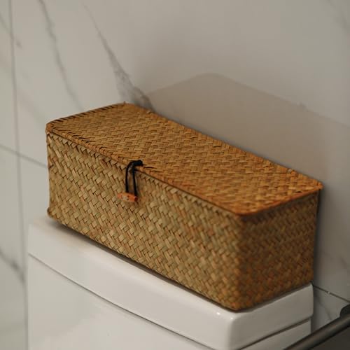 Seagrass Tank Basket with Lid Woven Toilet Roll Storage Basket with Sections Rectangular for Organize Snack Toys Tampon (Large Compartment 16.5inch L x 5.5inch W x 5.5inch H) Natural - color: Natural