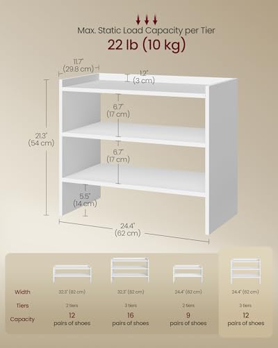 VASAGLE Shoe Rack for Closet, Stackable Shoe Organizer Shelf for Entryway, 3 Tiers, 11.7 x 24.4 x 21.3 Inches, White ULBS063WZ01S - size: 3 Tiers (24.4"W)
