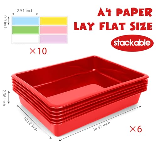 ShineMe 6 Pack Paper Trays for Classroom, Red Plastic Book Bins with Colorful Labels, Stackable Letter Size Storage Tray, Desk Organizer Tray for Home, School and Office - color: Red