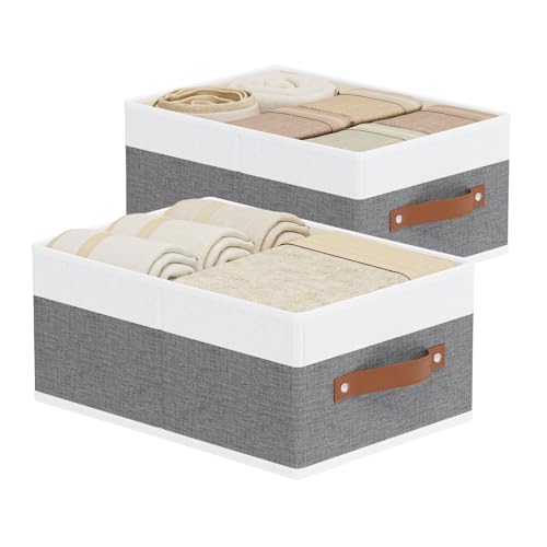 Fabric Clothing Storage Boxes, Storage Baskets with Handles, Cube Organizer Bins for Bedroom Laundry,13 × 9.1 × 5.5 Inch, White and Grey, 2-Pack - color: White/Grey, size: Medium -2 Pack