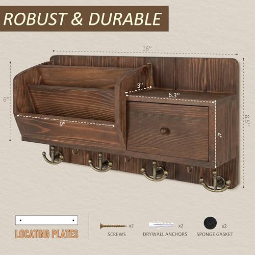 Rebee Vision Pine Wood Key Holder Wall Mount with Mail Sorter for Home Decor- Rustic Key and Mail Holder for Wall with Hooks and Drawer Organizer - Ideal for Apartment Essentials (Retro Brown) - color: Vintage Brown