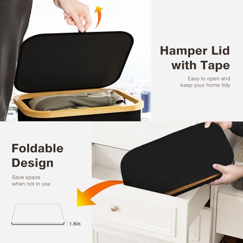 100L Laundry Hamper with Lid, Large Laundry Basket with Bamboo Handles, Clothes Hampers for Laundry with Removable Bag, Dirty Clothes Hampers for Bedroom Aesthetic, Black - color: Black