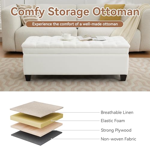 WUTUTUEE 51" Fabric Storage Ottoman Bench, Upholstered Rectangle End of Bed Storage Ottoman Tufted Living Room Bedroom Bench with Safety Hinge, Solid Wood Legs, Loads 500 lb(Beige) - color: Beige-fabric