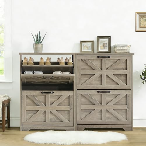 Shoe Storage Cabinet with 2 Flip Drawers, Farmhouse Shoe Organizer with Barn Door Design, Space-Saving Hidden Narrow Shoe Rack Cabinet for Entryway, Hallway & Foyer, Grey - color: Grey, size: 2 pcs-2 Flip Drawers
