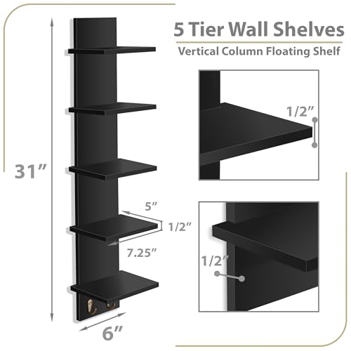Sorbus 5 Tier Wall Shelf Unit with Hooks, Vertical Column Utility Shelving for Home Decor and Storage Organizer, Wall-Mounted Floating Shelves for Bathroom Storage, Bedroom, Living Room - color: Black, size: 1 Pack