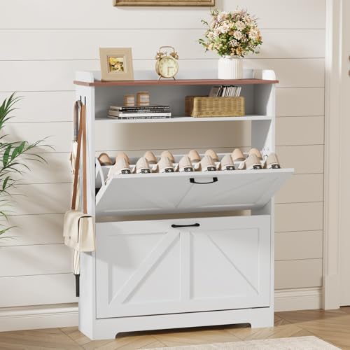 Shoe Cabinet Organizer with 2 Flip Drawers, Farmhouse Narrow Shoe Cabinet with 2 Adjustable Shelves & 2 Hooks, Shoe cabinet storage for entryway, Foyer, Hallway, White, 31.5"W x 8.7"D x 41.7"H - color: White + Brown, size: 2 Drawers with Shelf